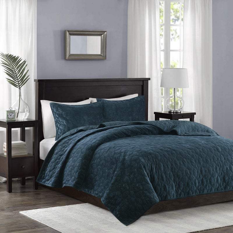 Madison Park Harper Quilt Set Velvet Casual Geometric Stitching Design All Season, Lightweight Coverlet, Cozy Bedding, Matching Shams, Full/Queen(90"x90"), Teal 3 Piece - Image 1